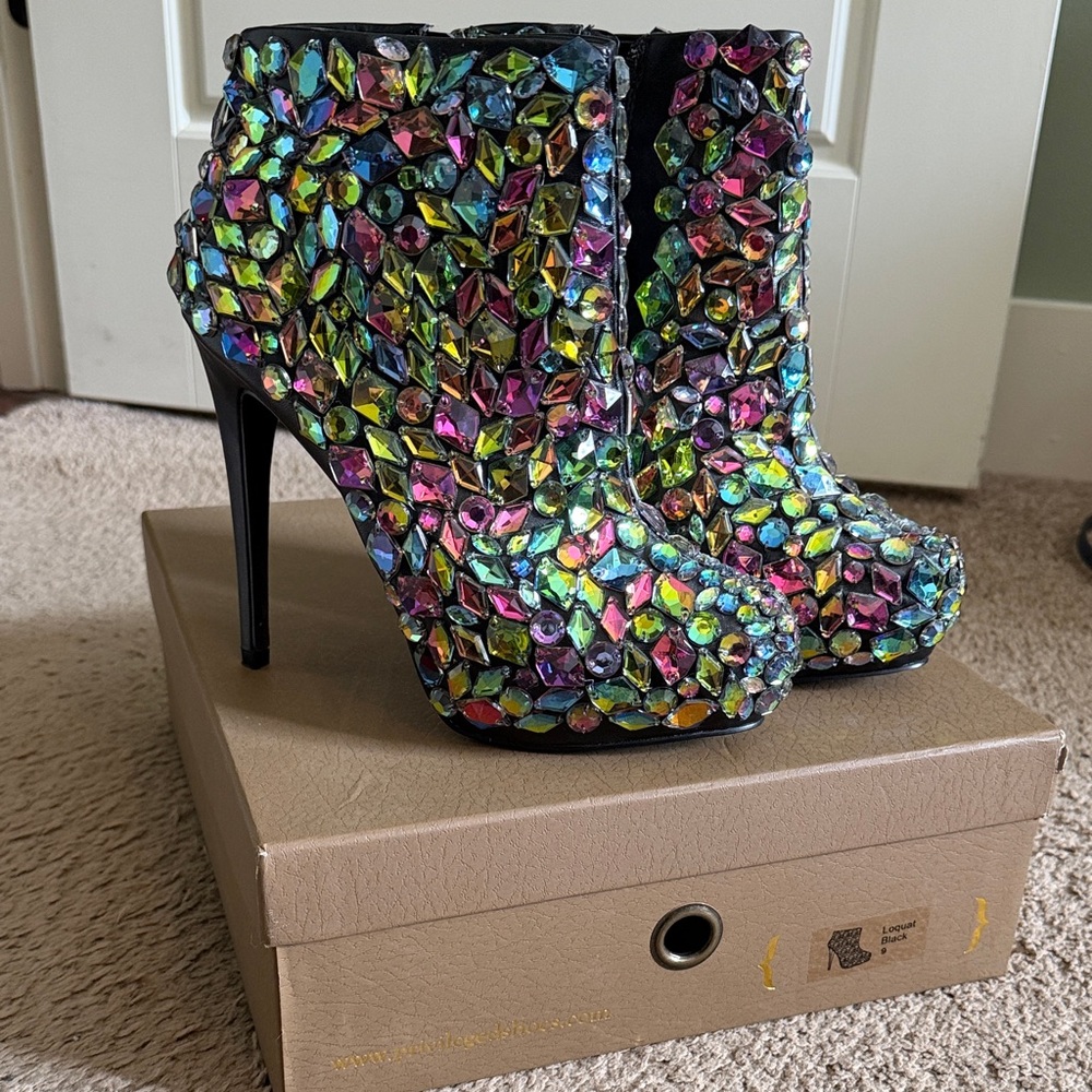 Privileged - Iridescent Multicolor Crystal Embellished Women's Ankle Boots